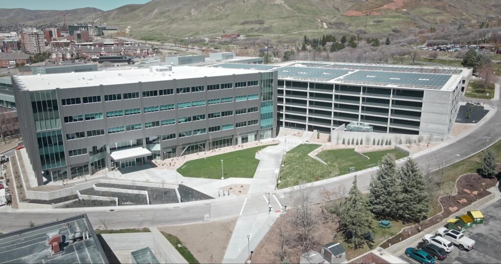 Wide angle drone shot of the Myraid building
